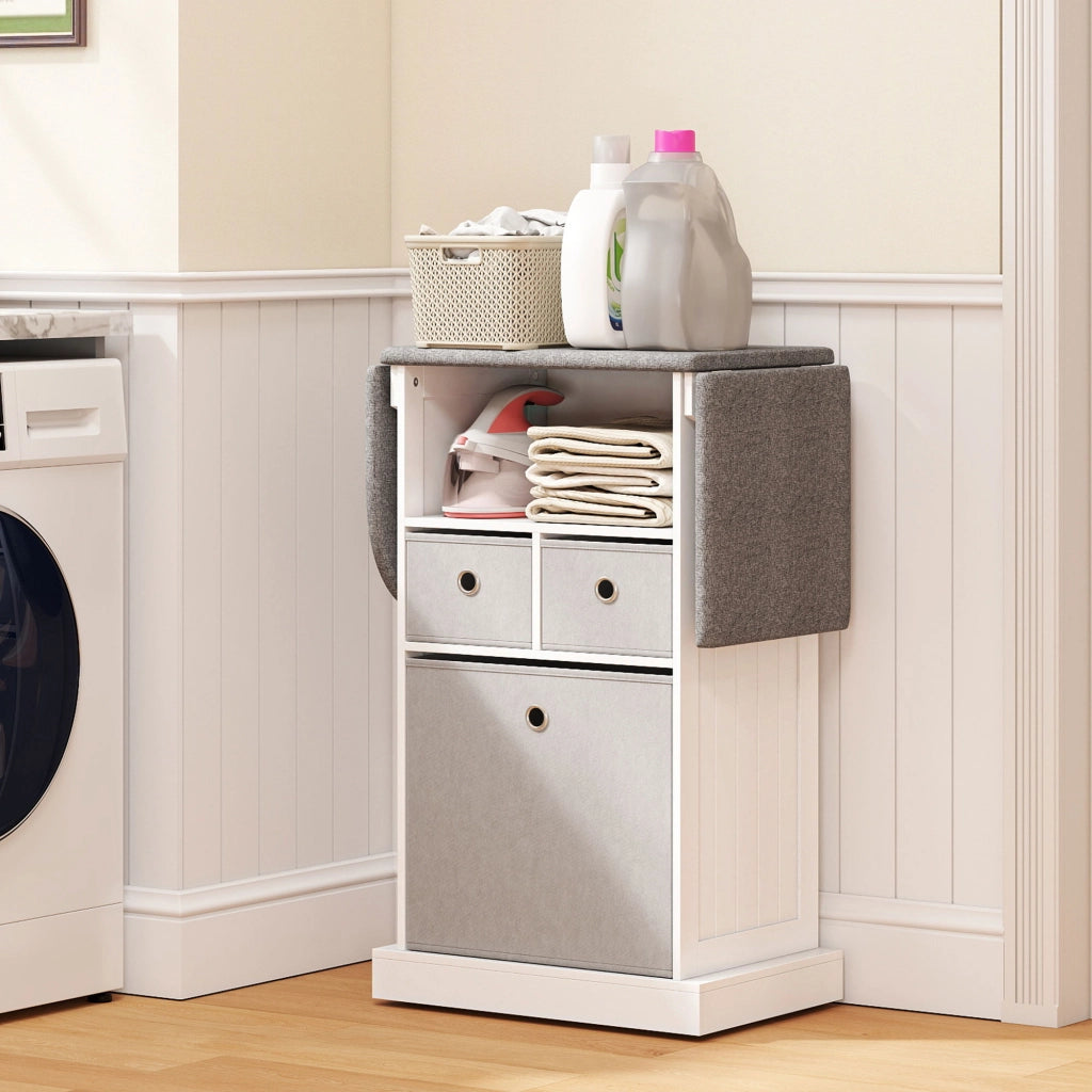Mobile Asse da Stiro Pieghevole a Rotelle con Ripiano Aperto e 3 Cassetti. 121x37x89.5 cm. Bianco e Grigio