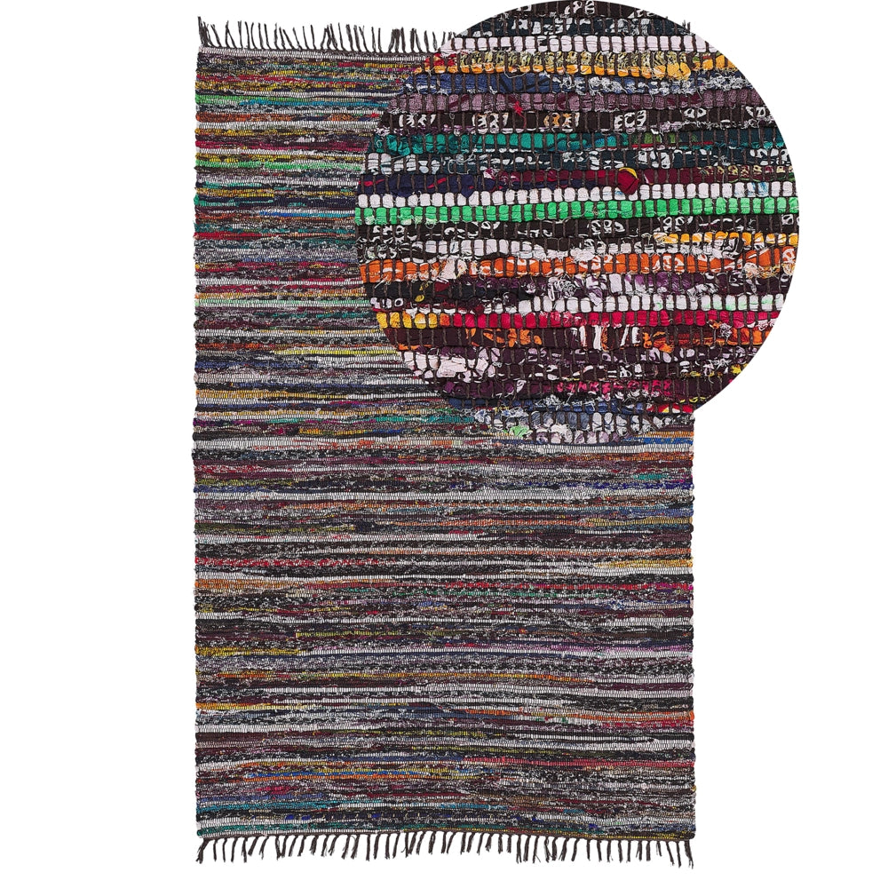 Tappeto da Zona Scuro Multicolore Cotone Poliestere 140 x 200 cm A Righe con Frangia Rettangolare Fatto a Mano Boho Eclettico