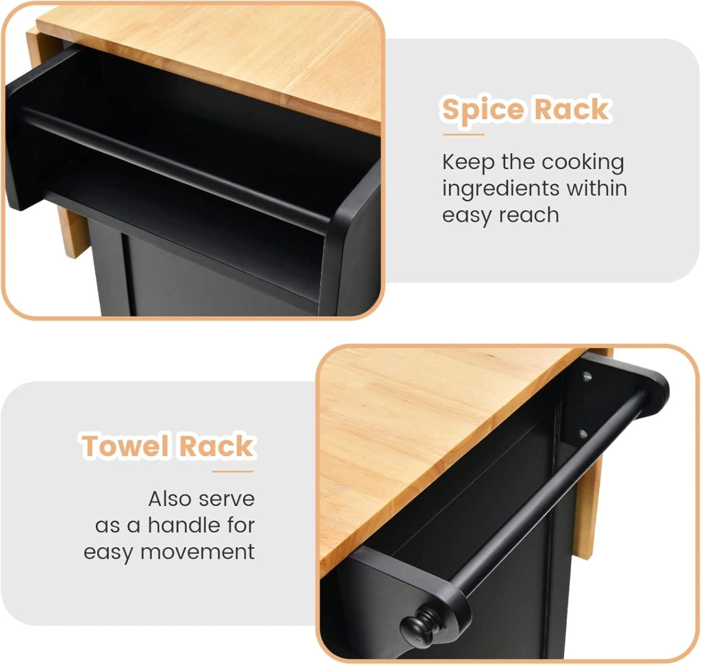Carrello da Cucina con Ruote, Carrello di Servizio con 2 Armadietti a Anta, 1 Cassetto, 1 Portabottiglie, 1 Portasciugamani e 1 Portaspezie, Nero/Bianco (Nero)
