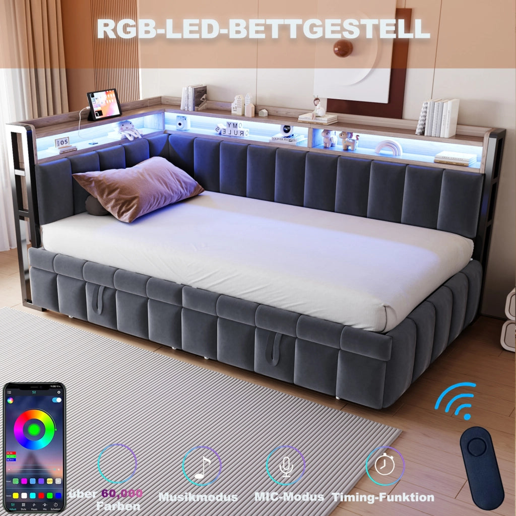 Divano letto estraibile 90x200 cm con LED, USB e USB-C