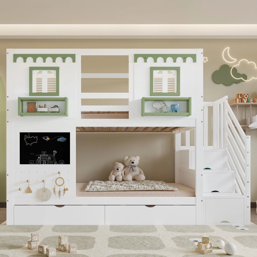 Letto a castello per bambini 90x200 cm bianco e verde