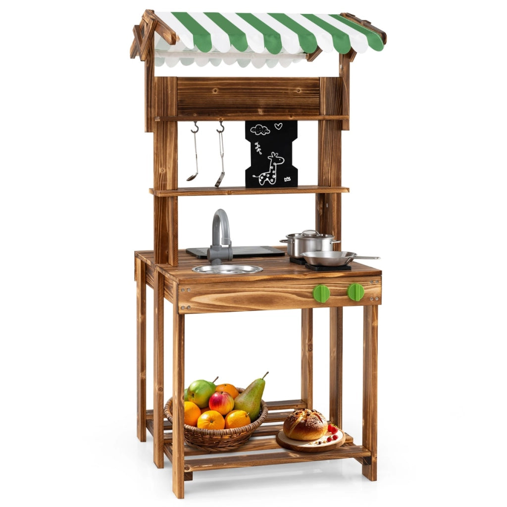 Cucina da gioco in legno con tettoia lavagna lavello e rubinetto, Cucina da gioco a doppio lato Marrone-Cucine giocattoli