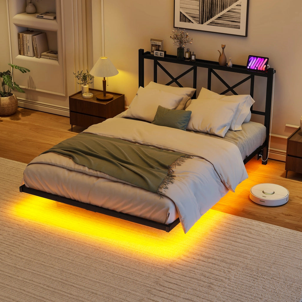 Letto matrimoniale 120 × 200 cm con illuminazione LED, stazione di ricarica et ripiano testiera, senza materasso, in metallo nero