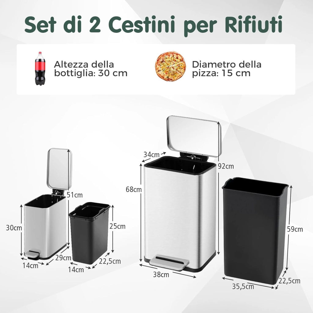 Set di 2 Cestini per Spazzatura 40/6L, Cestino per Rifiuti in Acciaio Inox con Secchi Interni Rimovibili, Coperchi Aperti e Chiusura Morbida, Bidoni per Cucina Bagno e Ufficio