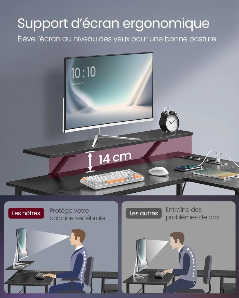 Scrivania angolare con multipresa 120 x 150 x 76 cm scrivania per computer con supporto per monitor scrivania da gaming a LED 2 cassetti 2 porte USB facile da montare nero 12_0004625