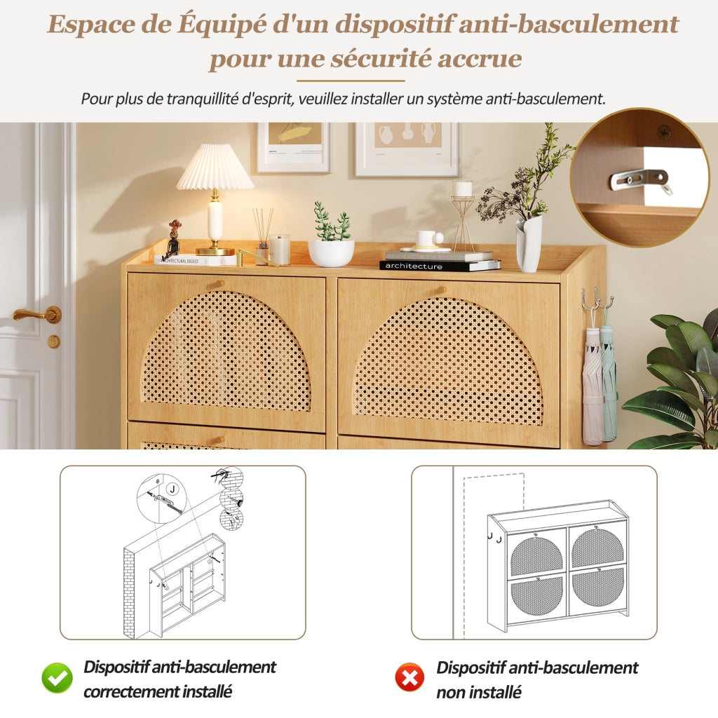 Scarpiera con 4 ante a ribalta; 8 scomparti e 2 ganci; per ingresso; in MDF; naturale; 120 × 24 × 90 cm