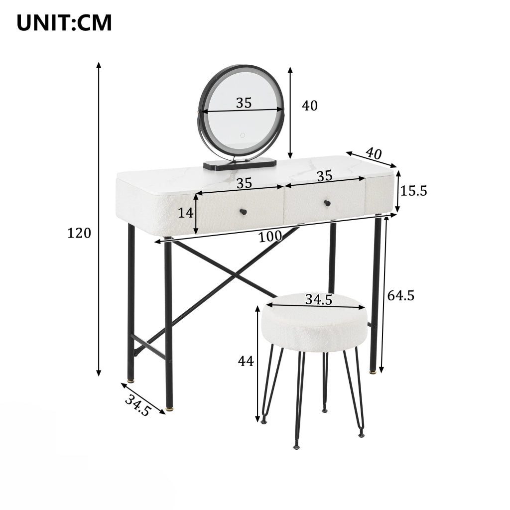 Tavolo Trucco con LED e Sgabello ¨C MINIMAL ¨C Bianco e Nero, 2 Cassetti, Piano Marmo, 100x40x120