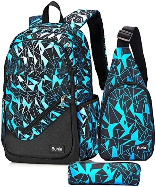 Zak da Spalle per Ragazzi, Grande Borsa per Scuola con Tasca per Laptop, Impermeabile, Set di Penne e Tasca per Pennarelli per Scuola Primaria o Secondaria, Blu, Large