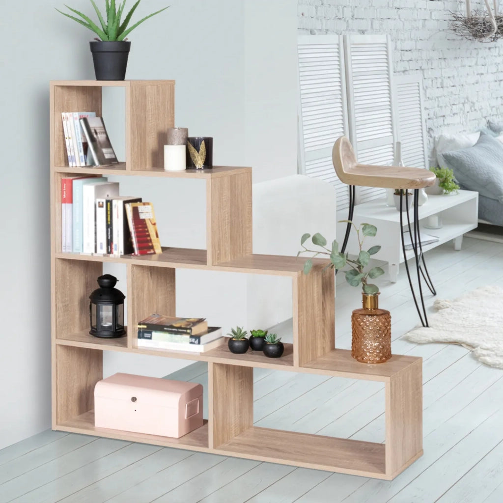 IDMarket - Scaffale a scala con 6 scomparti in legno look faggio LINA