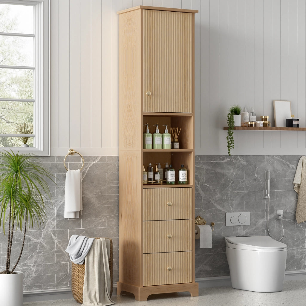 Armadietto da bagno con 3 cassetti, anta e 2 vani aperti, ripiano regolabile, in MDF naturale, 40 × 30 × 172 cm