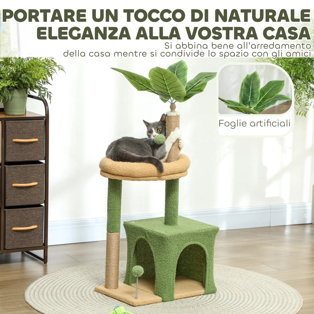 Tiragraffi Albero per Gatti con Cuscino e Palline ¨C zephmum ¨C Legno, Poliestere, Verde e Marrone, 44x30x98 cm