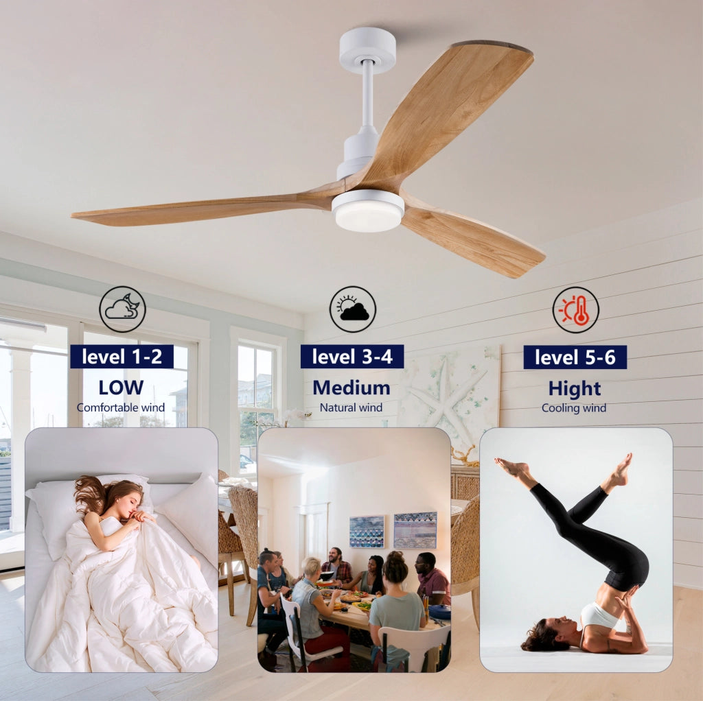 Ventilatore a soffitto da 60 pollici in legno massello con LED regolabile; telecomando; Natural e Bianco