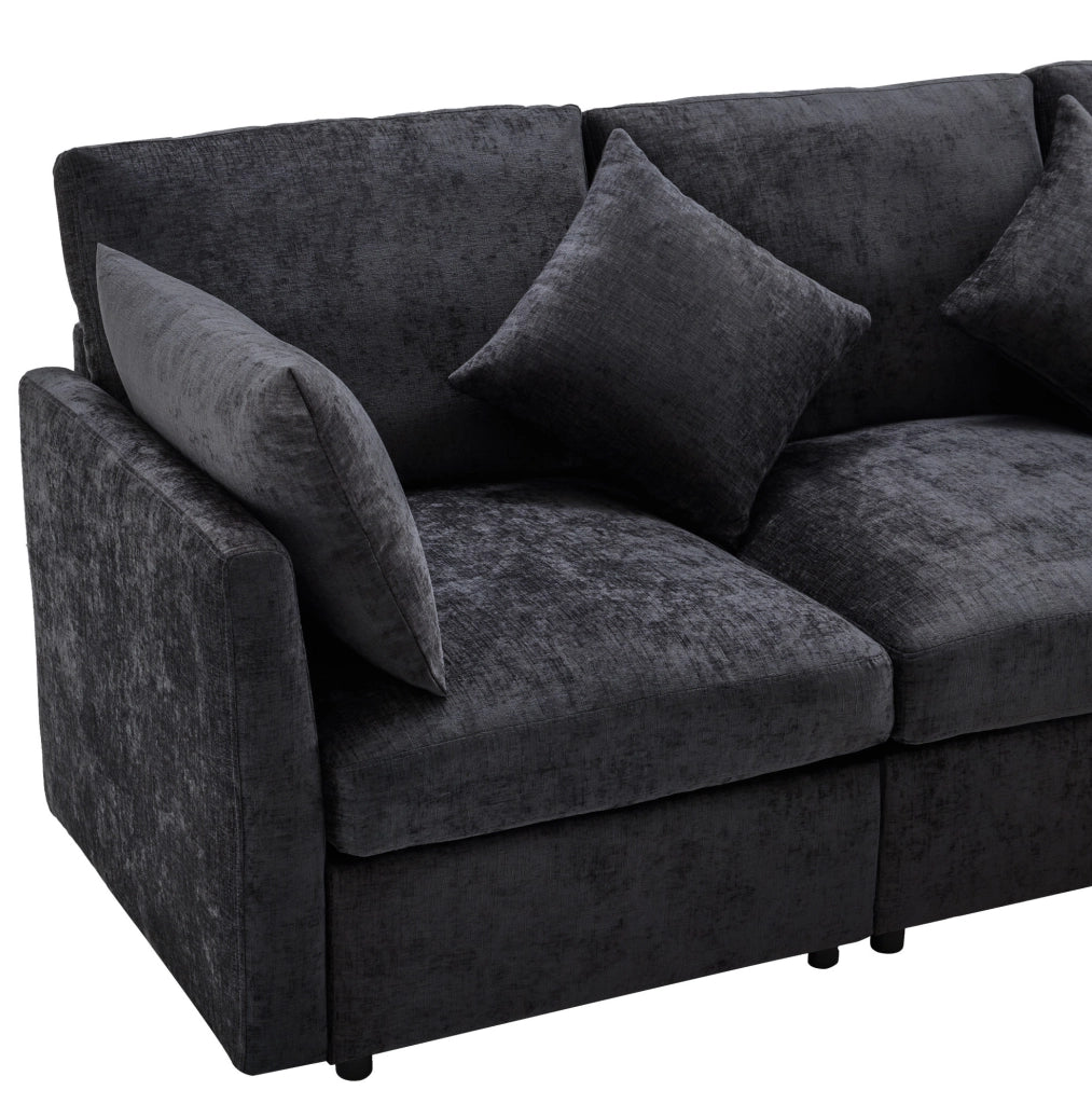 Divano modulare angolare 3-4 posti in chenille grigio con pouf mobile; 216 x 161 x 81 cm