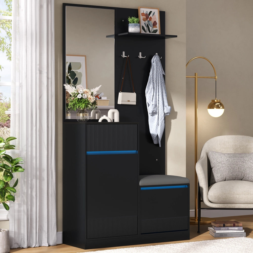 Guardaroba da ingresso compatta con scarpiera, panca, specchio e LED, colore nero