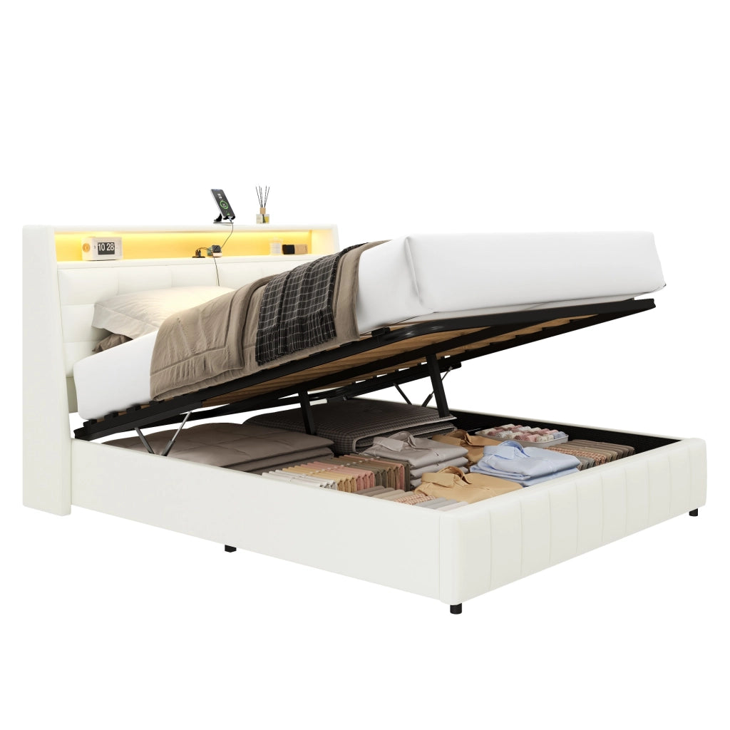 Letto Contenitore 160x200 cm; Letto Matrimoniale - LED; USB e Schienale Regolabile