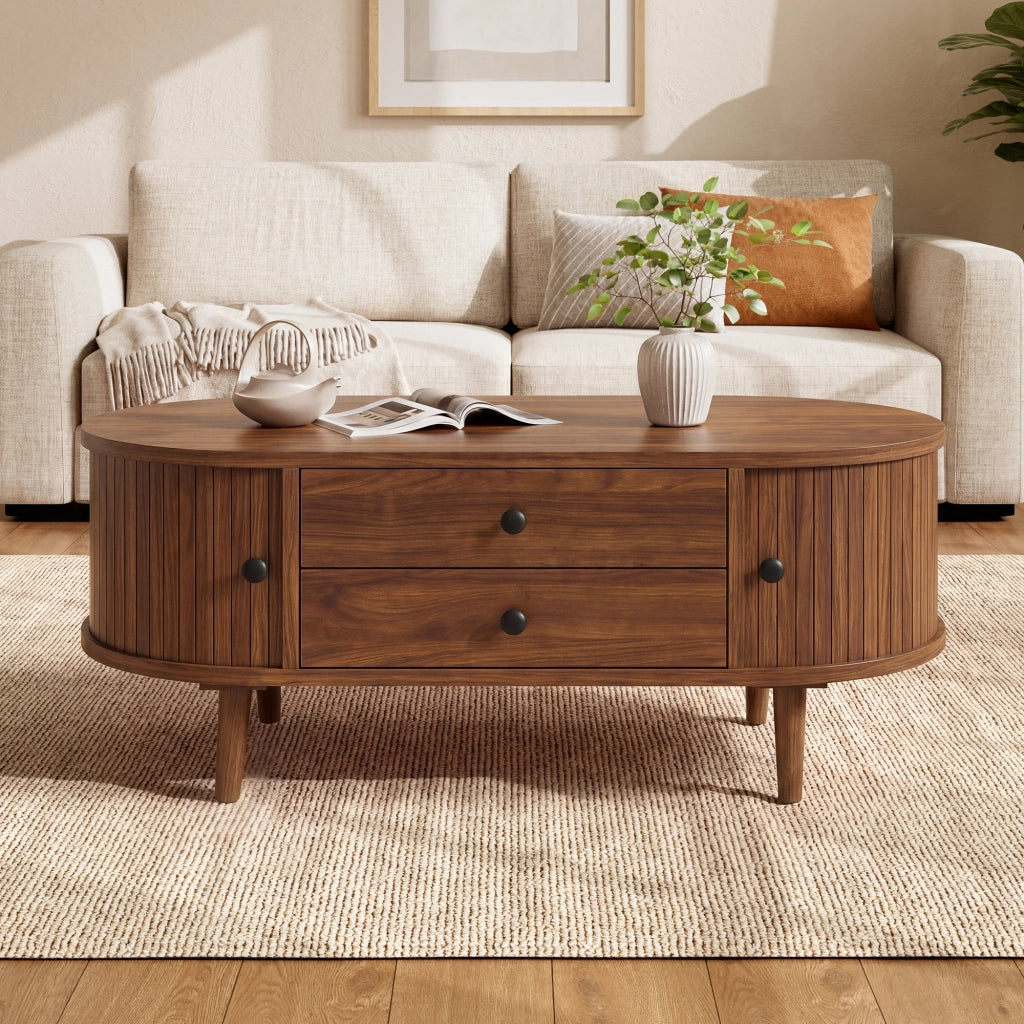 Tavolino da Caff¨¨ Ovale con Cassetti e Ante Scorrevoli ¨C MINIMAL ¨C MDF
