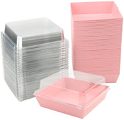 Set di contenitori per dessert in plastica - 100 pezzi - Smalto idrorepellente e oleoripellente - Coperchi trasparenti - Contenitori per dessert in cartone - Contenitori per dessert con coperchio elevato