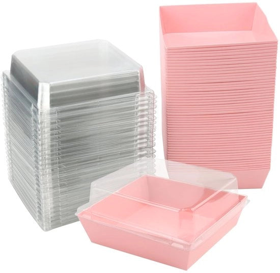 Set di contenitori per dessert in plastica - 100 pezzi - Smalto idrorepellente e oleoripellente - Coperchi trasparenti - Contenitori per dessert in cartone - Contenitori per dessert con coperchio elevato