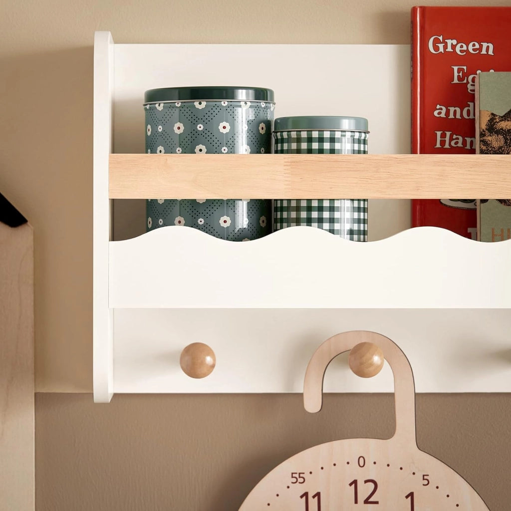 Libreria per bambini Mensola a muro Appendiabiti bambini con cinque ganci Bianco 73x15x30cm KMB78-W