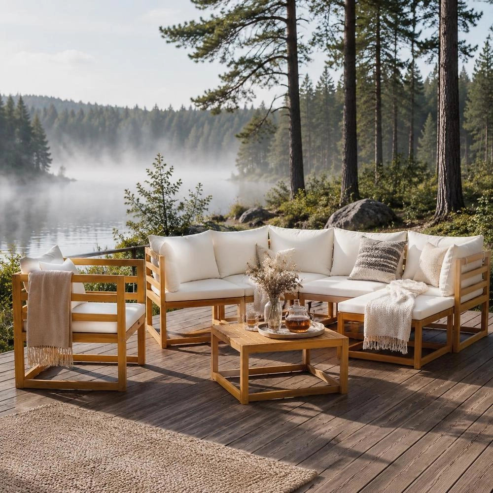 6-piece Garden Lounge Set With Cushions, Cream Solid Acacia Wood