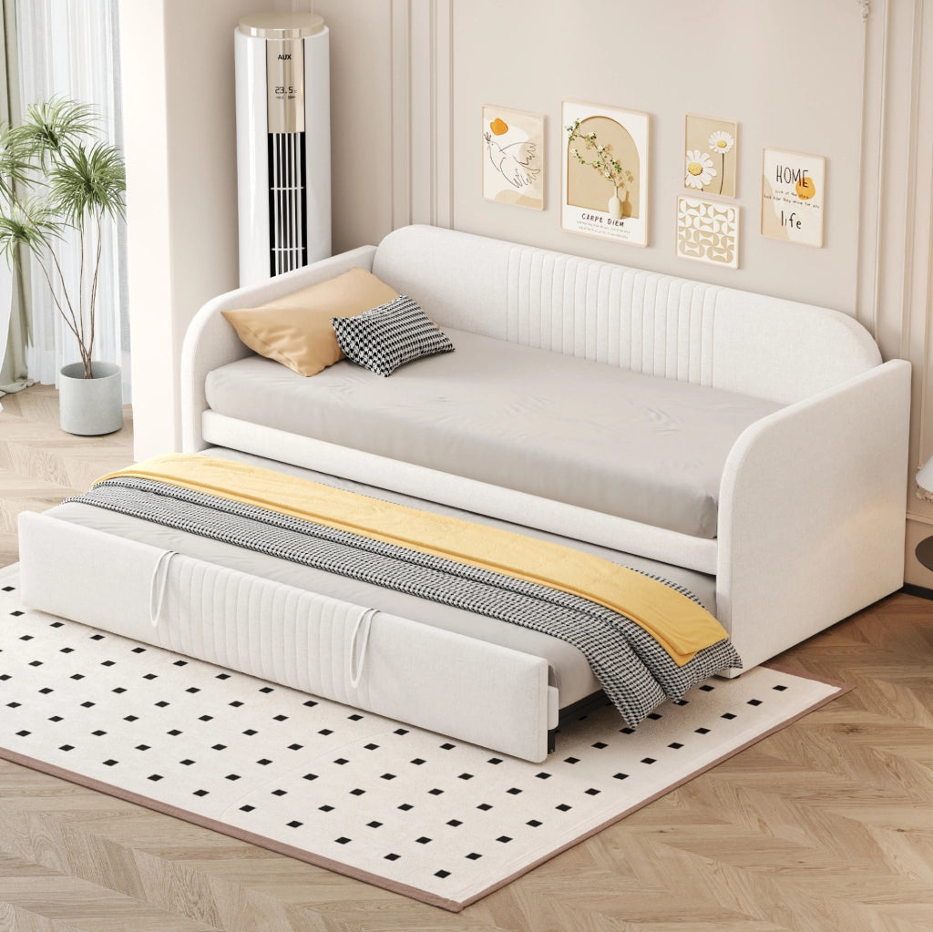 Divano letto imbottito 90x190 cm convertibile in 180x190 cm; rete a doghe; lino beige