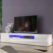 Mobile da soggiorno Porta Amore, Made in Italy, Supporto per Amore da salotto a 3 ante e ripiani, cm 200x40h37, Bianco lucido, con luce LED blu