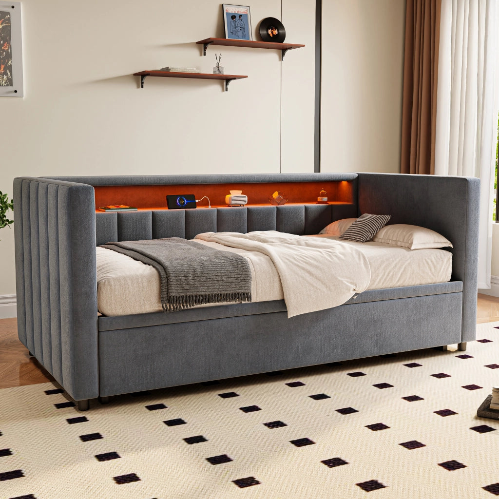 Letto divano estraibile 90 × 190 cm con LED regolabile, USB Type-C e contenitore, senza materasso, velluto grigio scuro