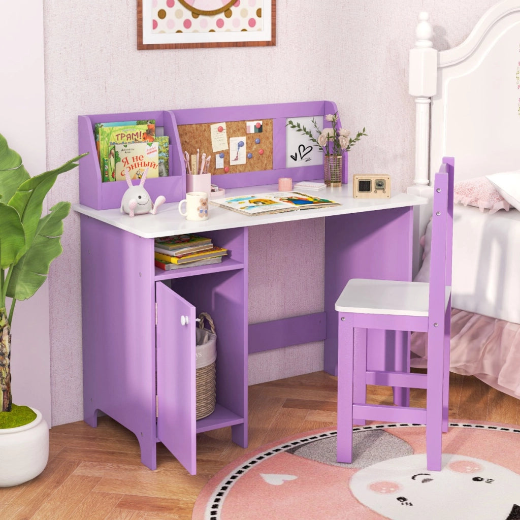 Set di scrivania e sedia per bambini in legno con scaffale armadietto bacheca, Postazione di scrittura Viola