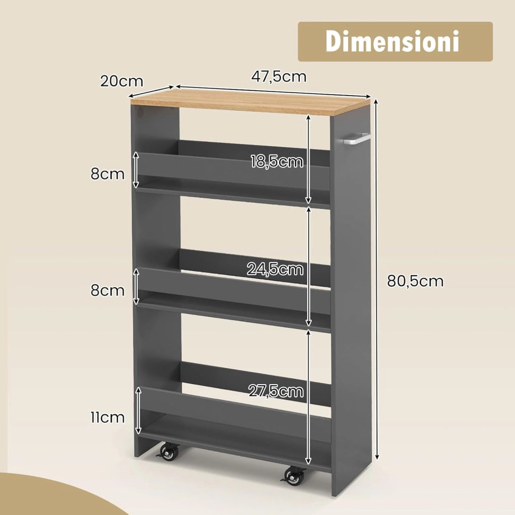 Carrello da Cucina a 4 Ripiani, Carrello in Legno con 4 Ruote Universali, Carrello Scaffale Stretto Salvaspazio con Manico per Bagno, Ufficio e Officina, 47,5 x 20 x 80,5 cm (Grigio)