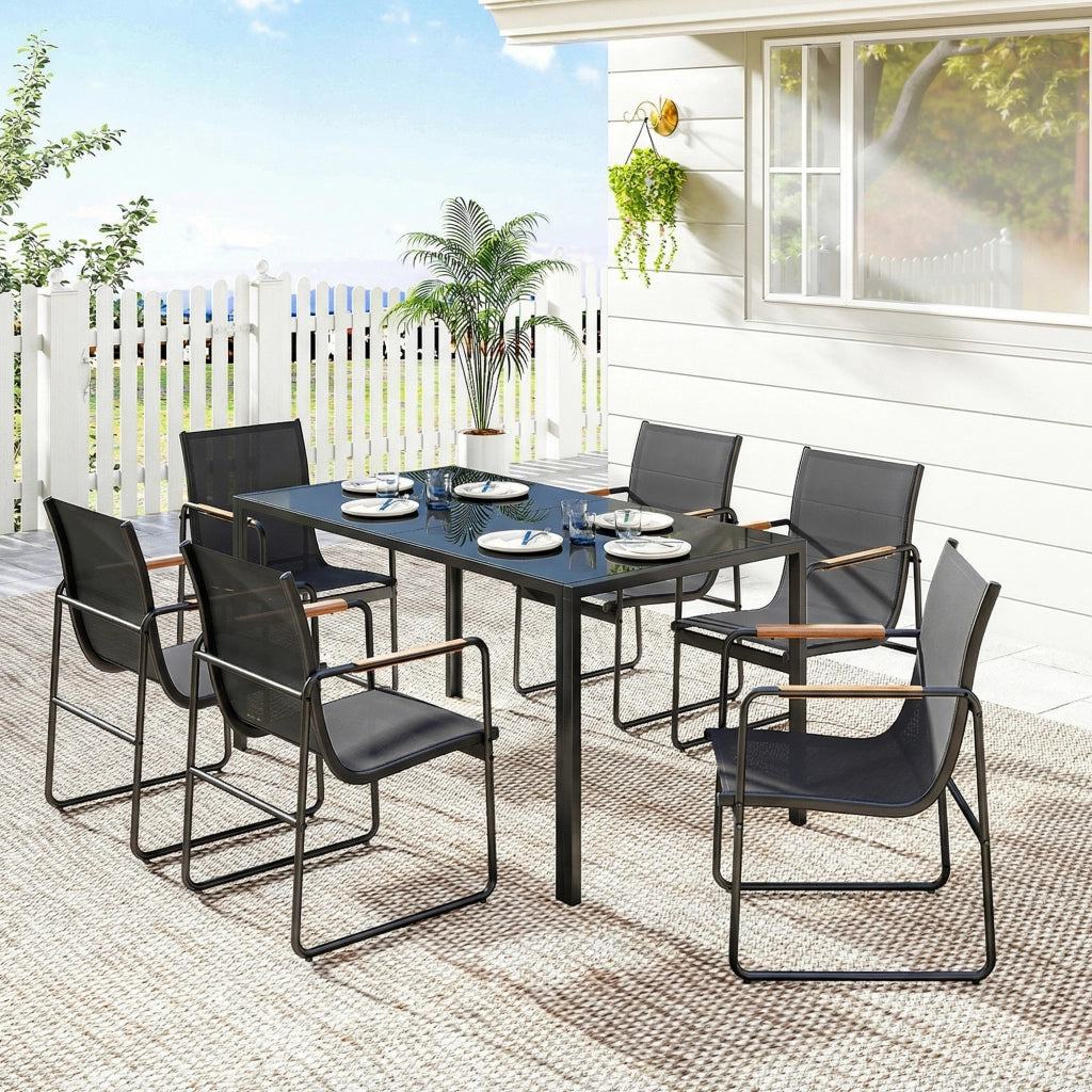 Set Giardino 7 Pezzi 6 Posti ¨C zephmum ¨C Tavolo Vetro Sedie Polyrattan Nero