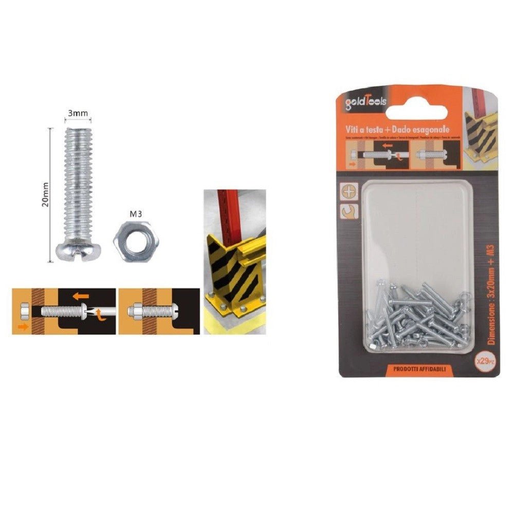 Trade Shop - Set 29 Pz Viti Vite Testa A Croce Tonda 3x20mm Con Dadi Dado Esagonale M3 90954 -