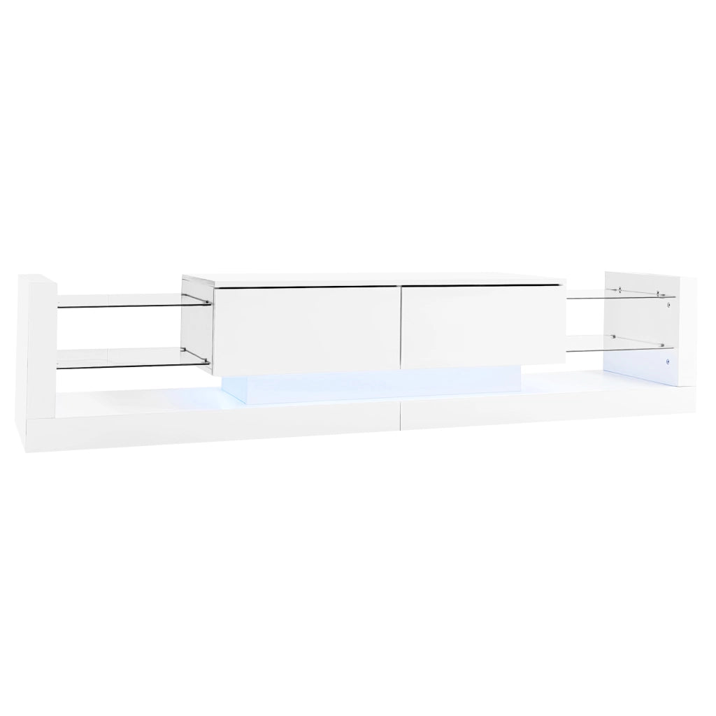 Mobile TV ad alta finitura lucida con illuminazione LED, 181 cm, per TV fino a 80 pollici, frontale in vetro, due cassetti ribaltabili