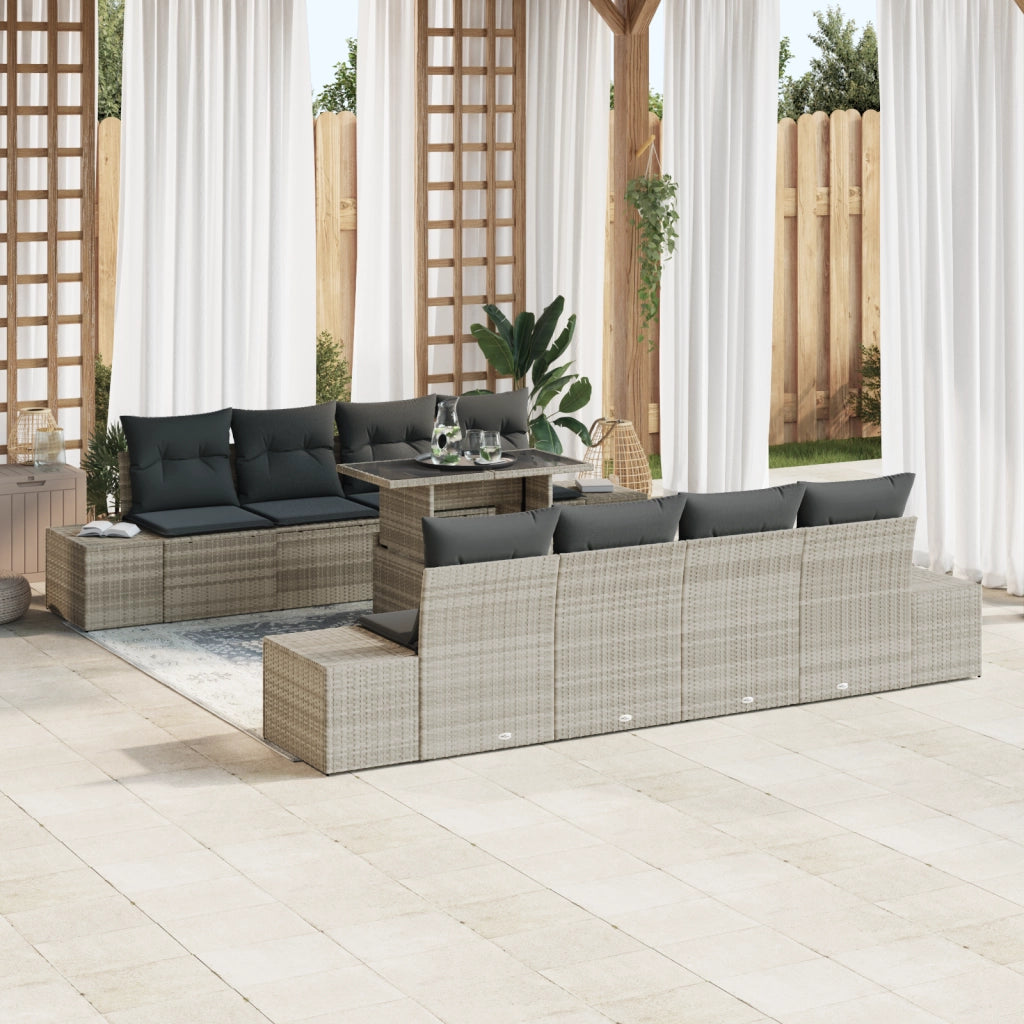 Set di Divani da Giardino da 9 Pezzi con Cuscini Grigio Chiaro Polyrattan