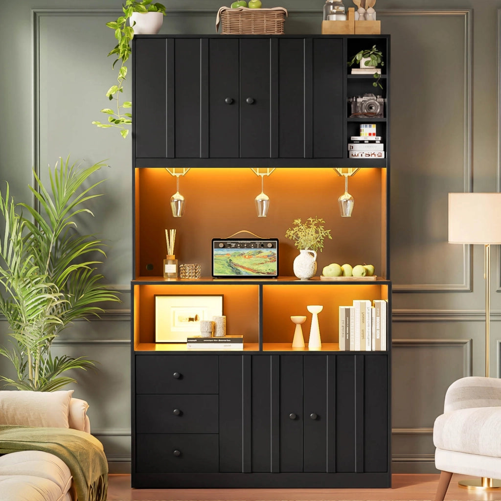 Hochschrank da cucina con LED RGB, prese USB e AC, 100 x 40 x 180 cm, MDF nero
