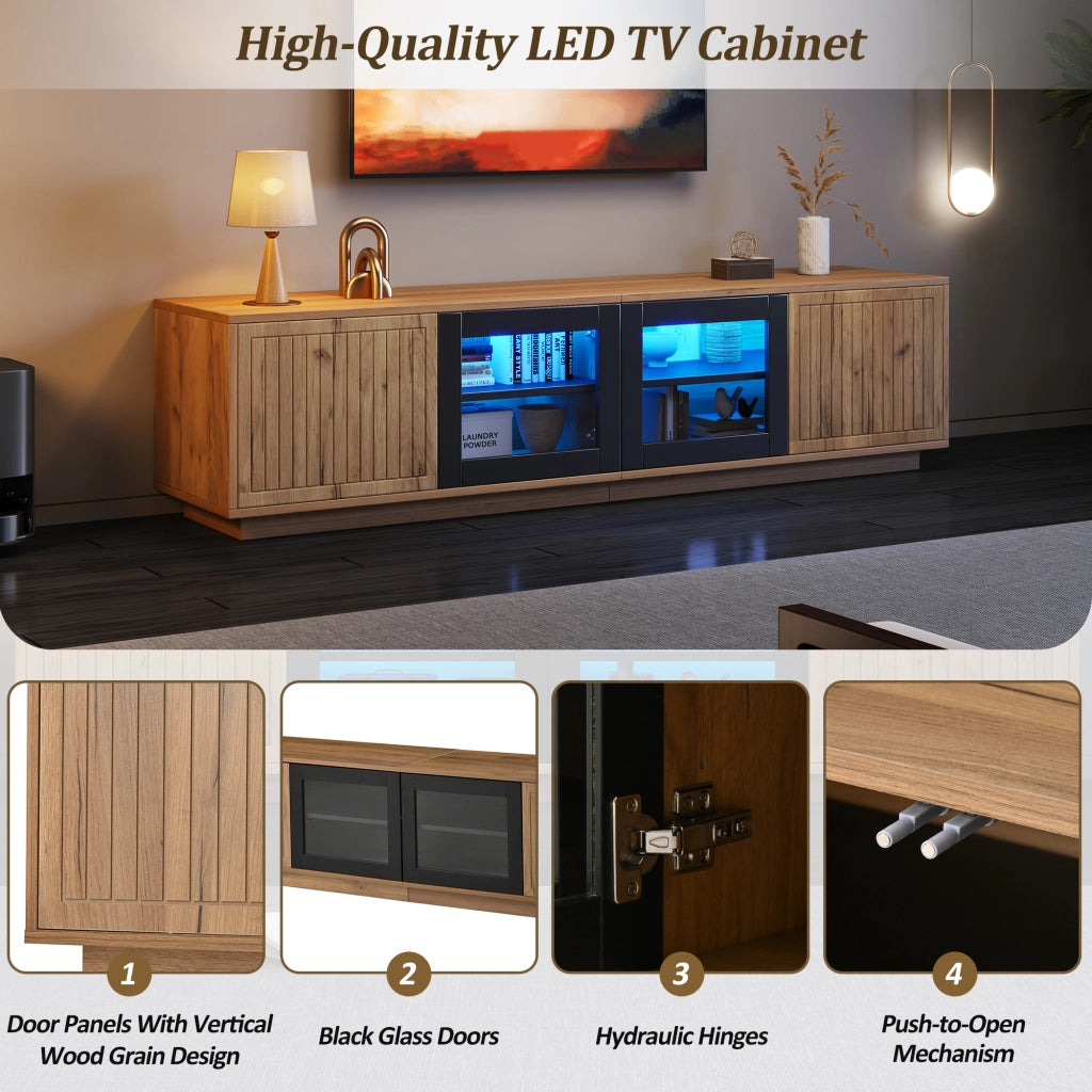 Mobile porta TV autoportante con LED e 4 ante, 2 in vetro temperato, 3 ripiani, per soggiorno, 180 × 40 × 45 cm