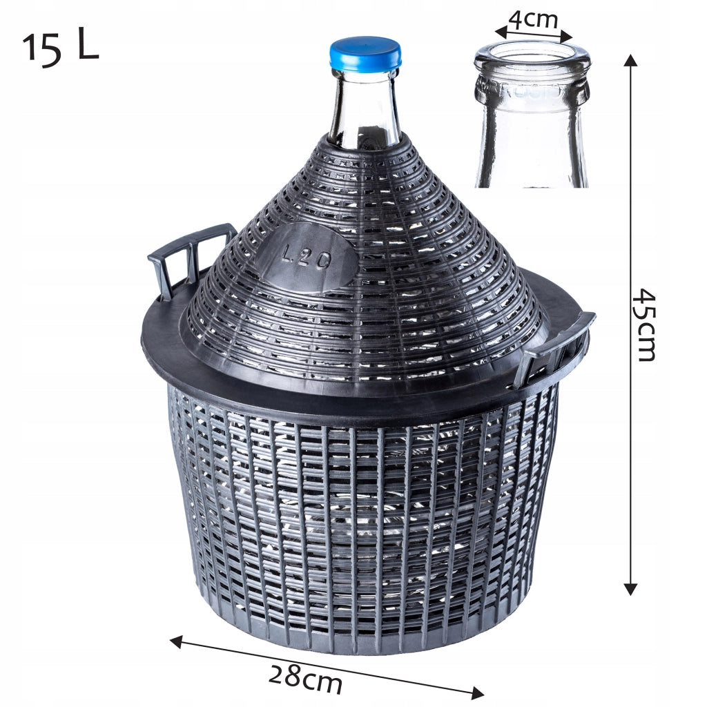 Damigiana KADAX da 15 litri per vino con cestello e tubo di sughero, set da 3 pezzi.