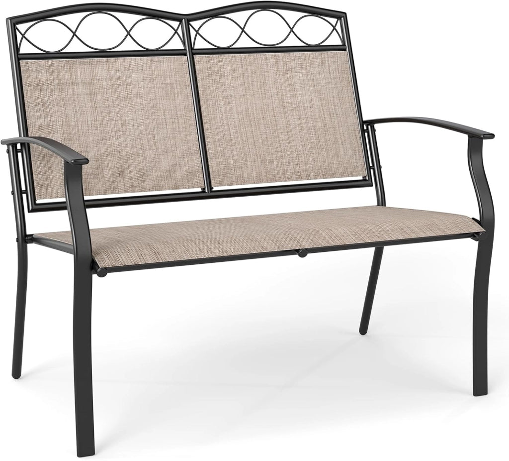 Panca da Giardino a 2 Posti con Schienale e Braccioli, Telaio in Metallo Resistente e Seduta in Tessuto Traspirante, Portata Massima 300 kg, Ideale per Balcone, Patio e Parco