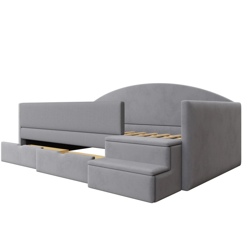 Letto imbottito 90x190 cm in velluto grigio acqua con cassetti e scalini