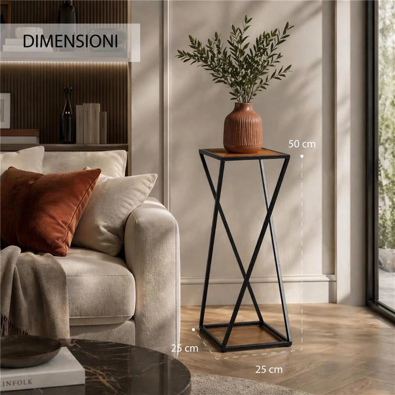 TAVOLINO A COLONNA CON STRUTTURA IN METALLO NERO E TOP IN MDF EFFETTO LEGNO SCURO MISURE: 25X50CM