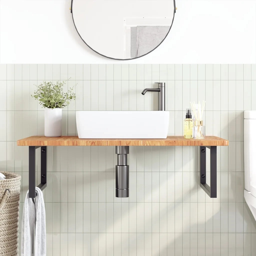 Ripiano a Parete per Lavabo in Acciaio e Massello di Rovere