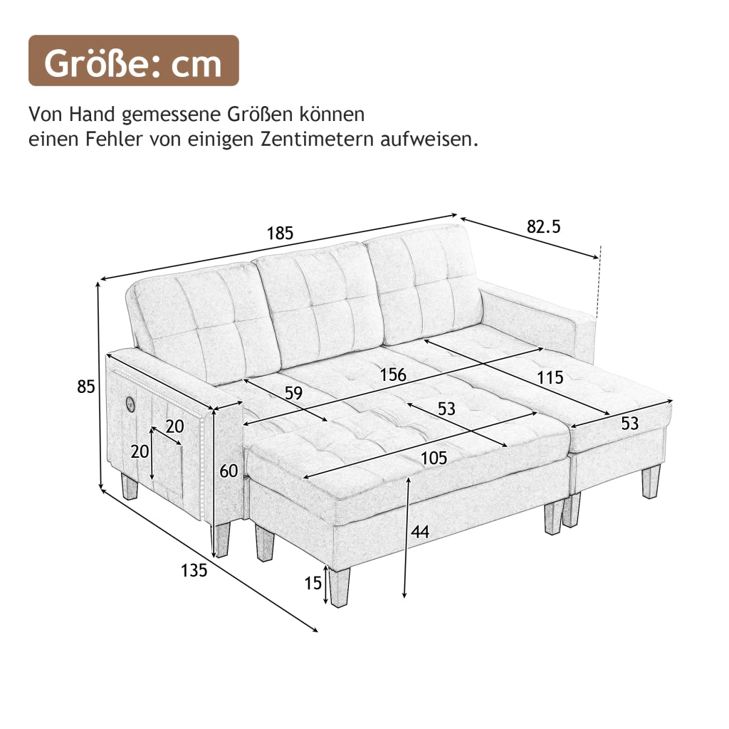 DIVANO LETTO ANGOLARE L-Form 156x115 cm Chenille Grigio con LED e USB