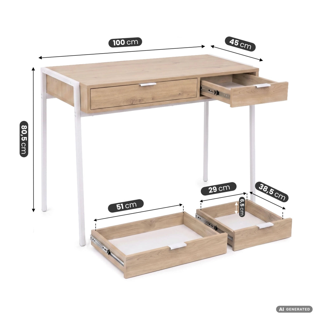 Scrivania industriale per computer Rovere Artisan ZENTIA 100 cm 2 cassetti gambe bianche