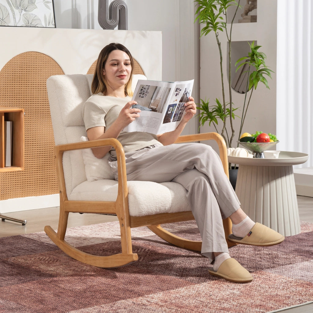 Poltrona a Dondolo 90°-130° 64,5x82x89 cm con Cuscino Lombare in Tessuto Sherpa Bianco