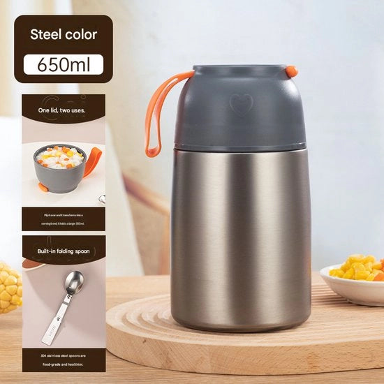 Contenitore termico per alimenti grigio, scatola di latta isolata in acciaio inossidabile, piatti caldi e bevande fredde, 650 ml