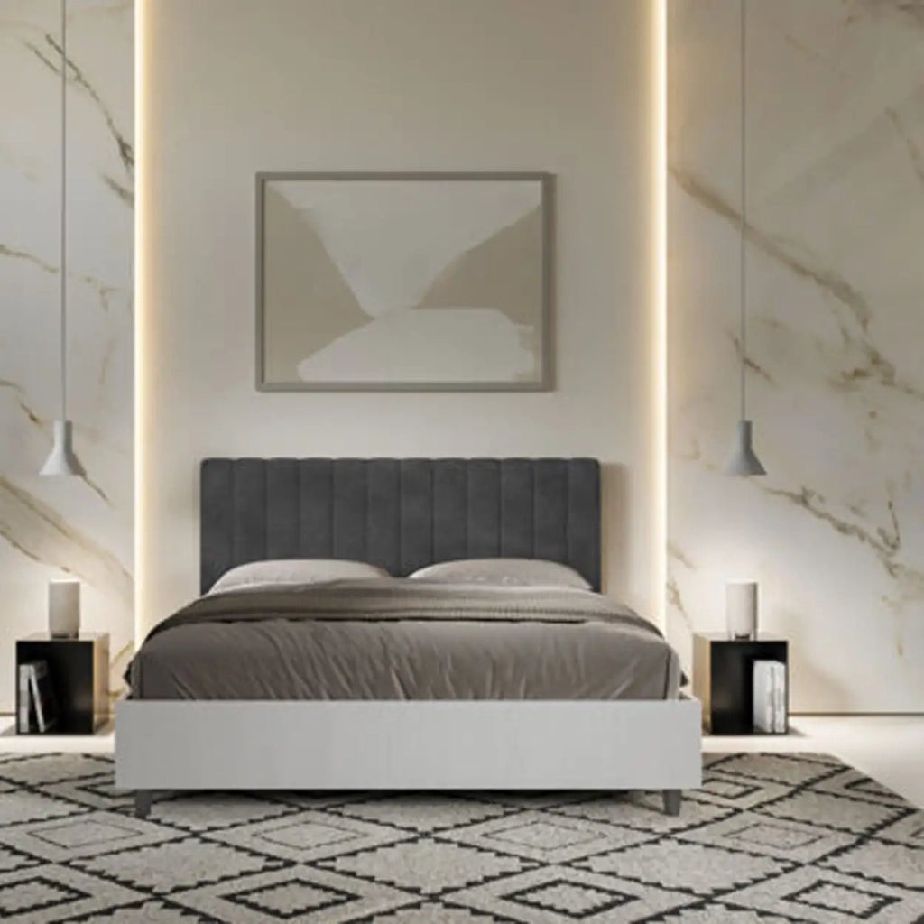Letto matrimoniale con rete 160x200 bianco frassino testata microfibra grigio Kaia