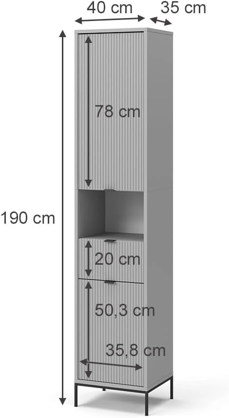 Armadio per il bagno Eliza, Grigio, 40 x 190 cm con ante e cassetto, per la conservazione di accessori da bagno e combinabile con la serie Eliza