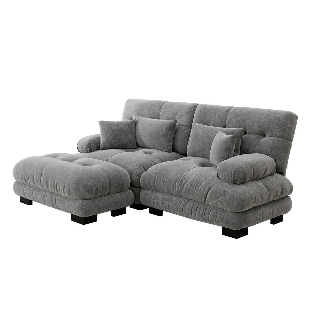 Divano angolare 2 posti con poggiapiedi ¨C Minimal ¨C grigio chenille imbottito con braccioli e cuscini
