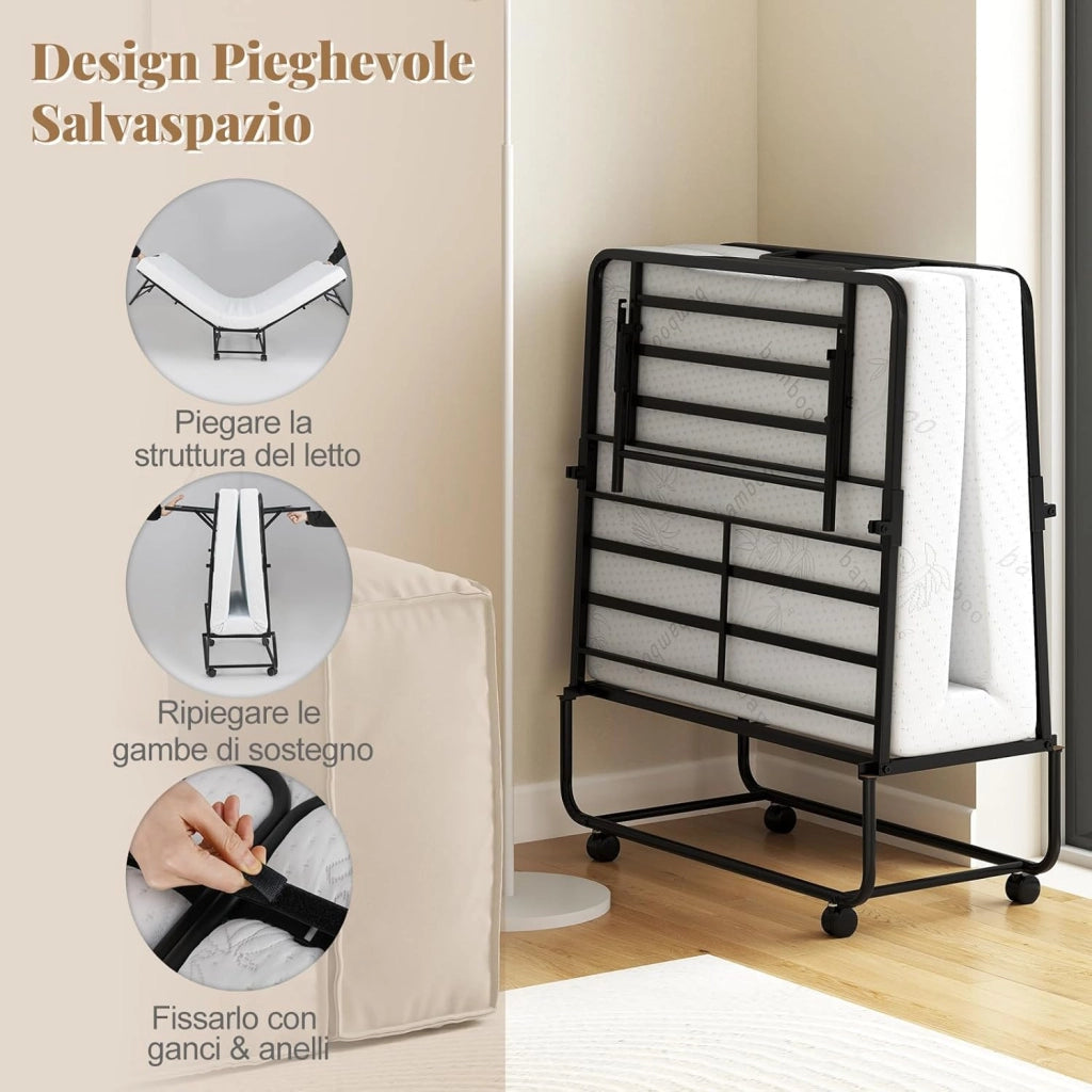 Brandina Pieghevole con Materasso, Letto Portatile per Ospiti con Telaio in Metallo Resistente, Letto Singolo con Ruote Bloccabili, 194x90 cm, Carico 220 kg