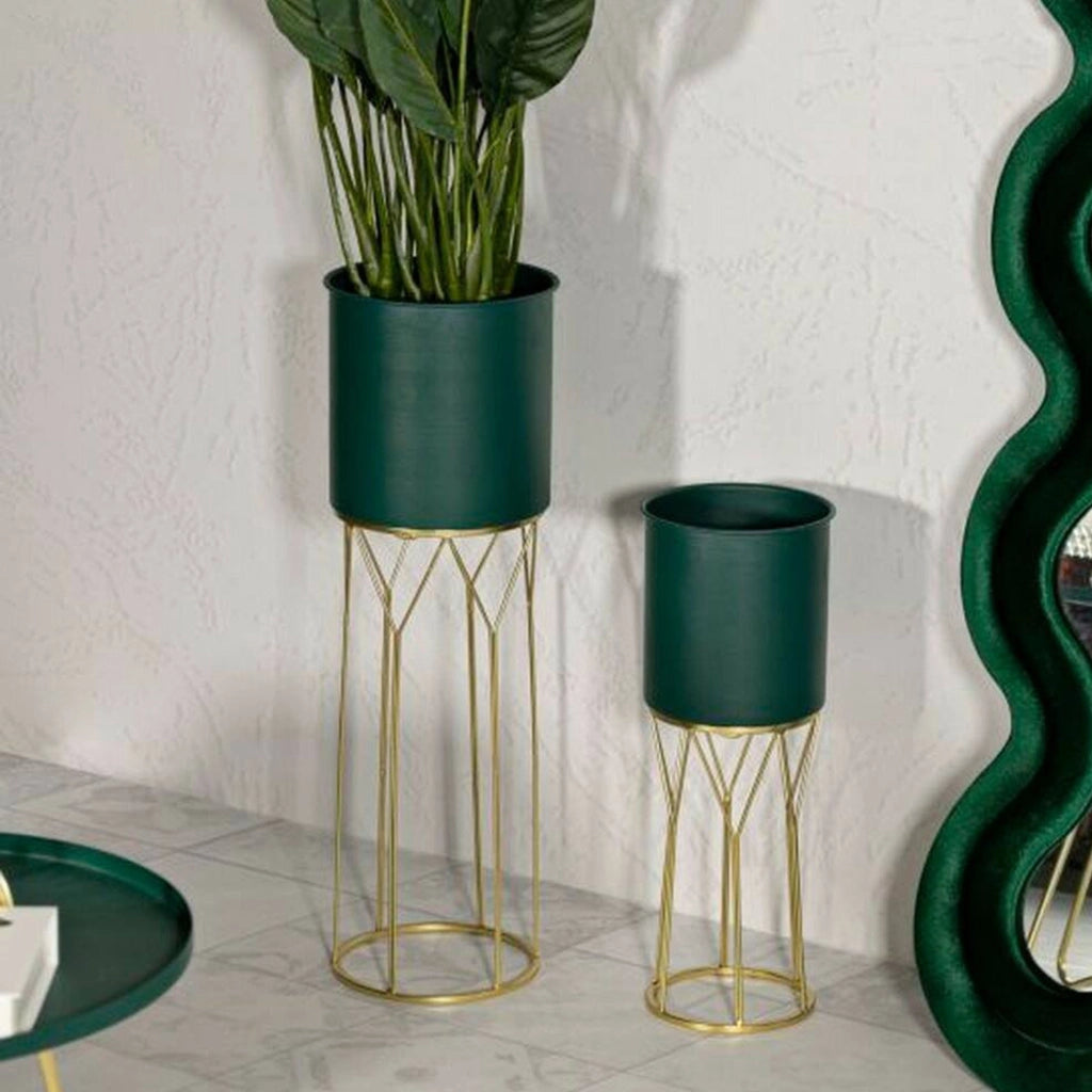 Set di 2 portavasi Parano, Complemento d'arredo, Articolo decorativo, Accessorio d'arredo, 23x23 h70 cm, Verde e Oro