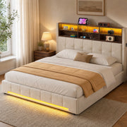LETTO Contenitore 180x200 cm Velluto Beige con testiera multifunzione